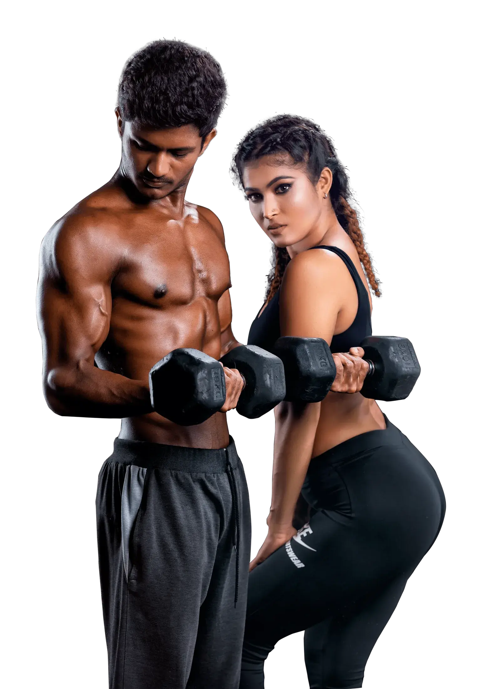 A man holds a dumbbell in a biceps curl while a woman beside him holds a dumbbell at her side