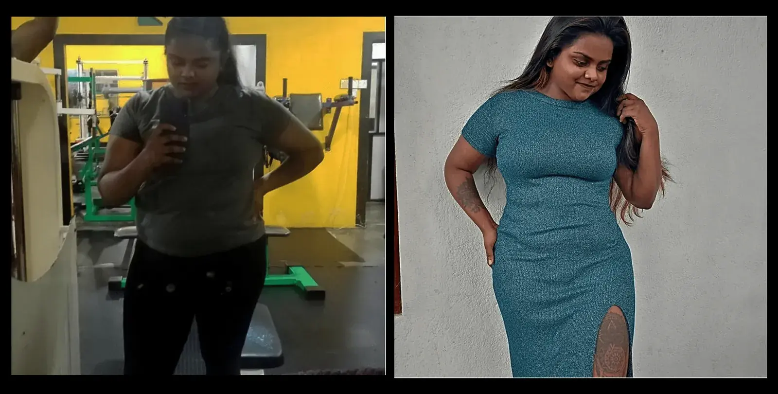 Before and after: a woman in a gym mirror selfie, then in a fitted dress after her transformation
