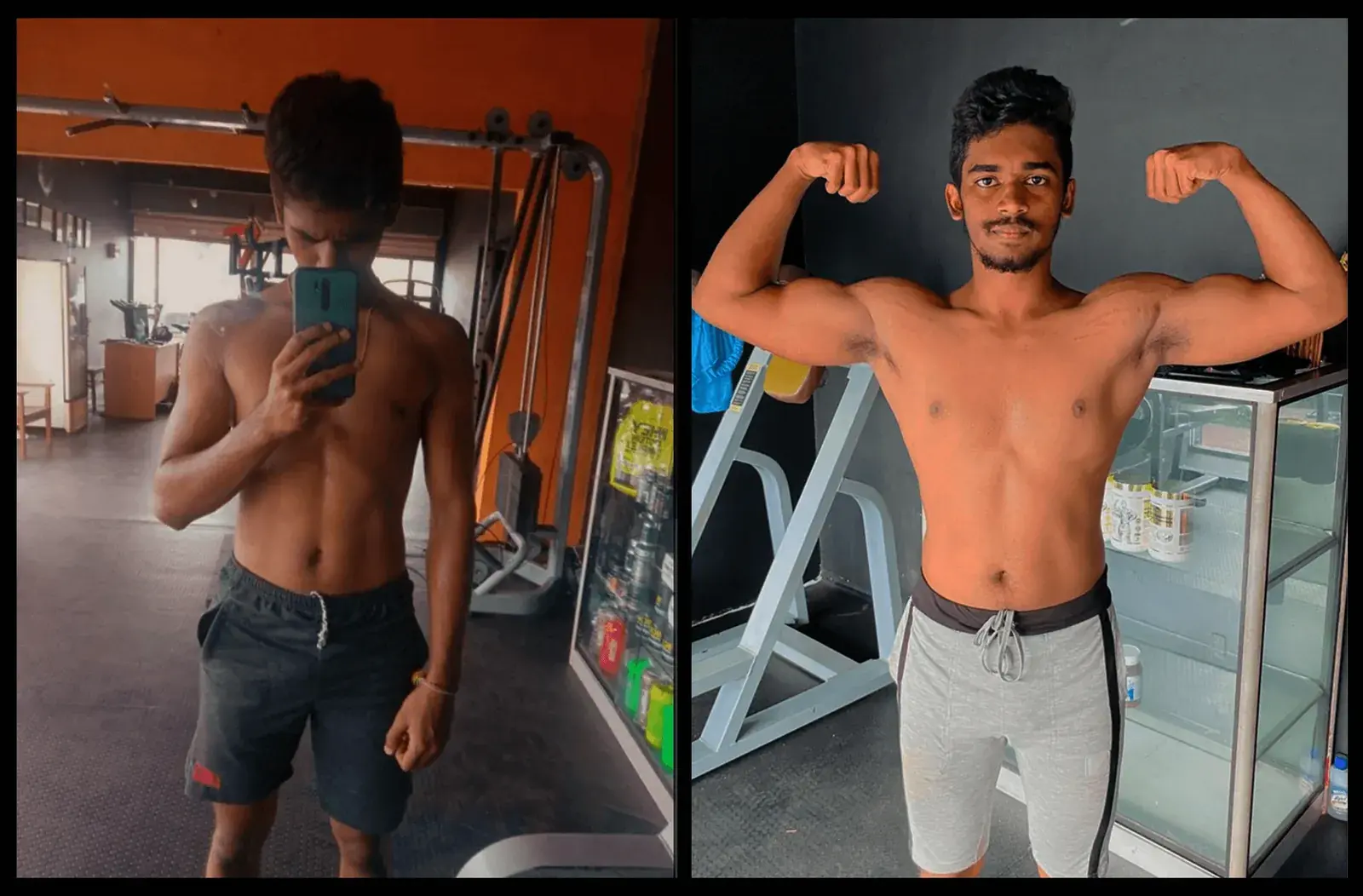 Before and after: a young man in a mirror selfie, then posing a front double biceps with visible muscle gain
