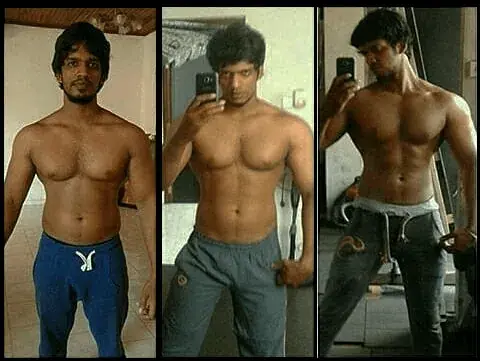 Three-stage front progression of a man showing increasing muscle definition