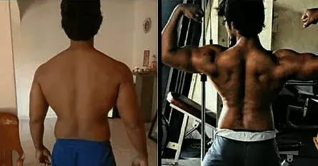 Before and after back view showing a wider, more muscular back