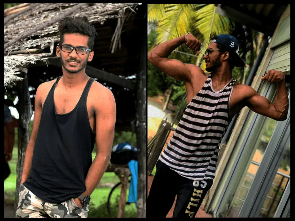 Before and after: a man in a tank top, then flexing with noticeably bigger arms and shoulders