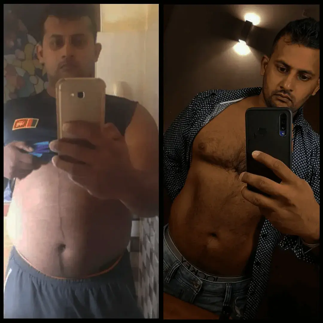 Before and after mirror selfies showing a leaner midsection