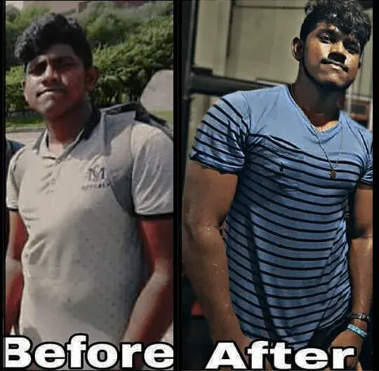 Before and after photos of a young man showing a fuller, more muscular upper body
