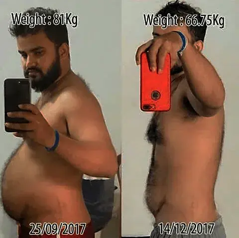 Before and after mirror selfies: 81 kg on 25/09/2017 and 66.75 kg on 14/12/2017